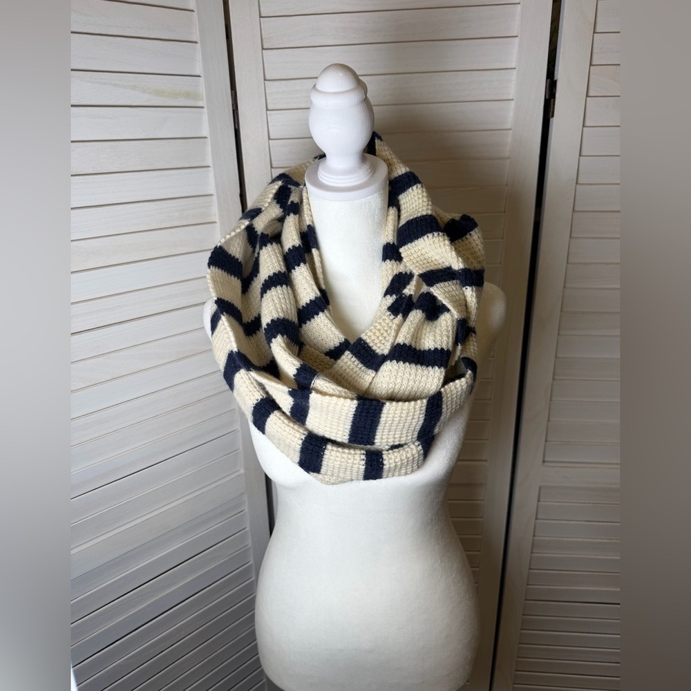 J. Crew Wool Blend Infinity Scarf. Cream with Navy Stripes. Nautical.
